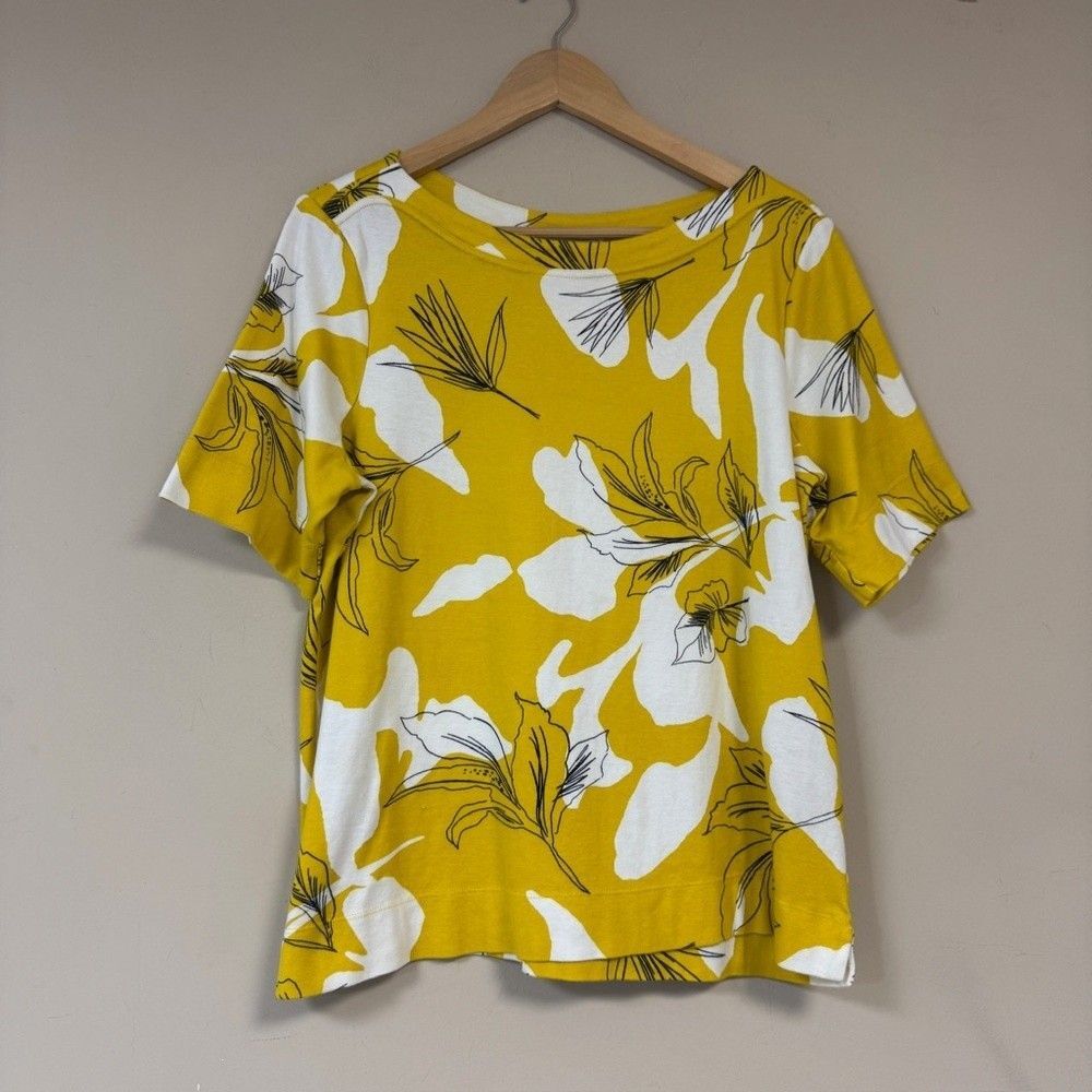 CHICO'S Blouse Women's XL Mustard Yellow Floral Short Sleeve Cotton Top Summer